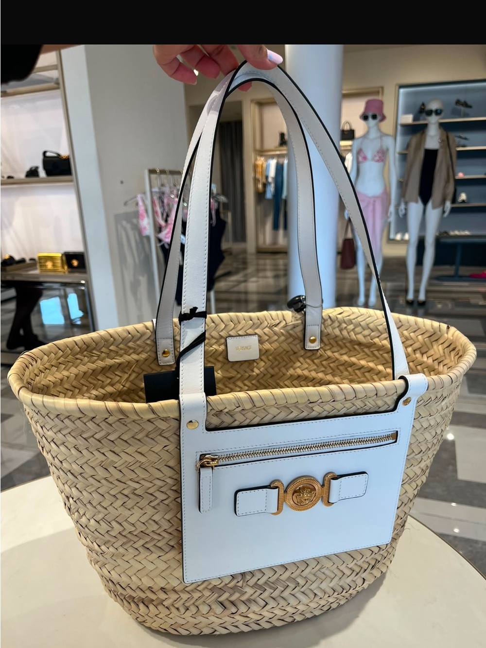 Versace Straw Tote with White Leather Trim and Gold Accent